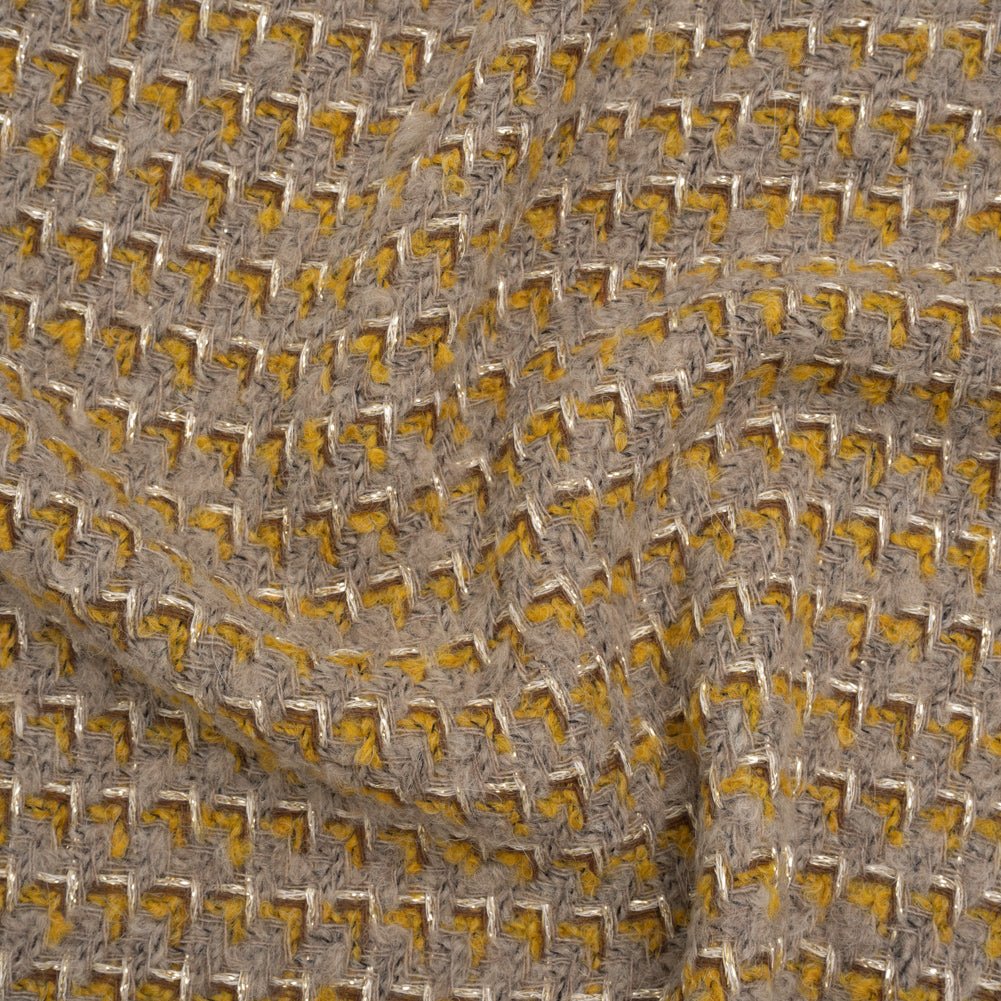 Metallic Wool Blend Tweed Twill Made in Italy - Beige, Yellow Ochre and Gold Zig Zags - Deadstock