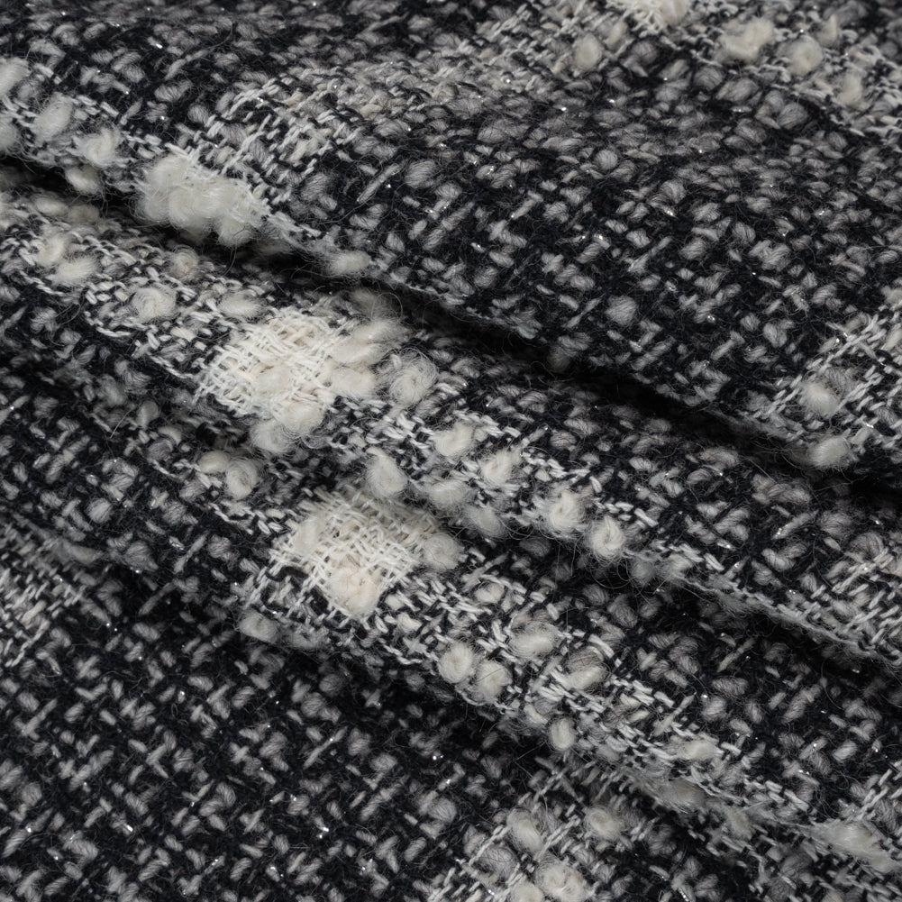 Metallic Wool Blend Tweedy Boucle Made in Italy - Black, Gray and Ivory Windowpane Checks - Deadstock - Folded