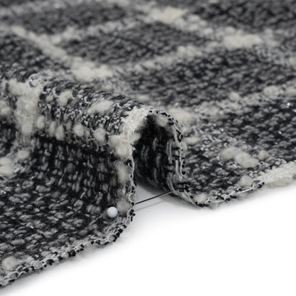 Metallic Wool Blend Tweedy Boucle Made in Italy - Black, Gray and Ivory Windowpane Checks - Deadstock