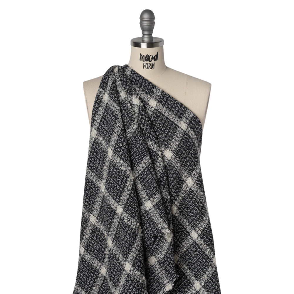 Metallic Wool Blend Tweedy Boucle Made in Italy - Black, Gray and Ivory Windowpane Checks - Deadstock - Drape