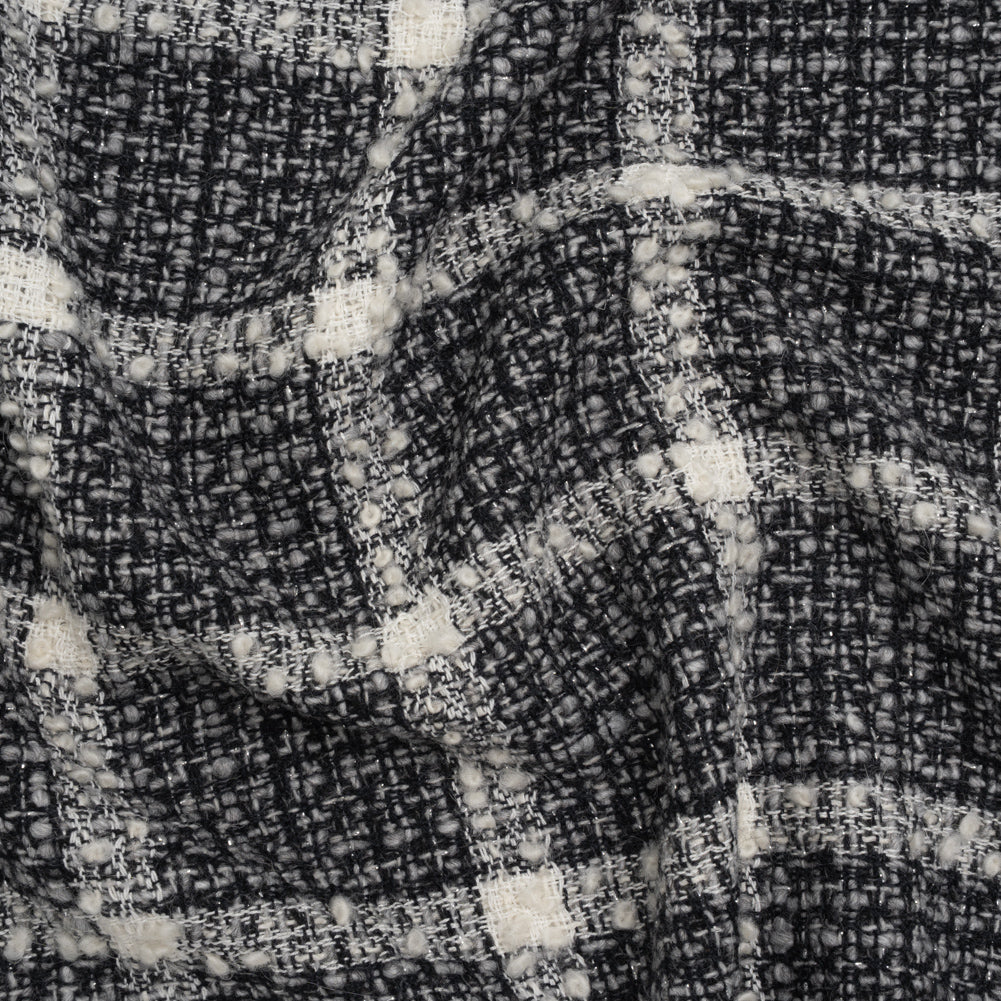 Metallic Wool Blend Tweedy Boucle Made in Italy - Black, Gray and Ivory Windowpane Checks - Deadstock