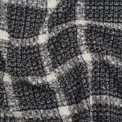 Metallic Wool Blend Tweedy Boucle Made in Italy - Black, Gray and Ivory Windowpane Checks - Deadstock