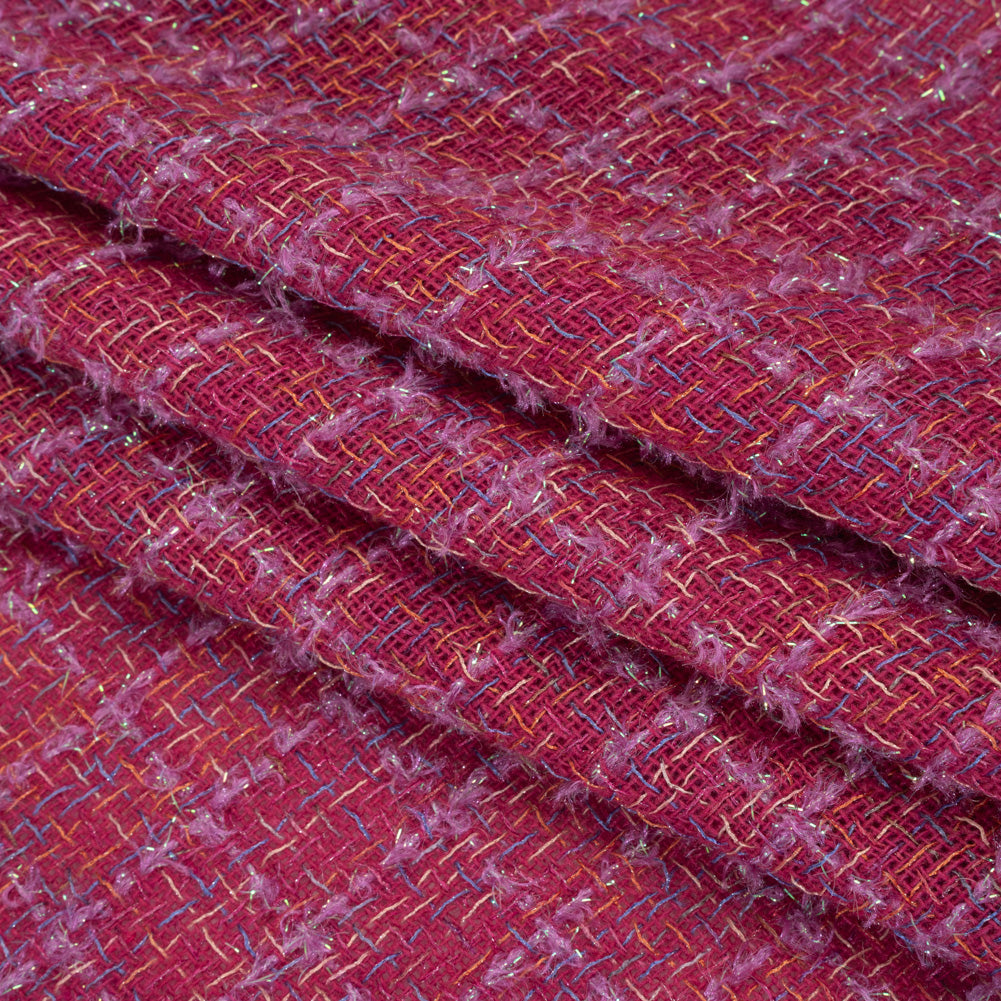 Metallic Wool Blend Tweed Woven with Eyelash Fringe Made in Italy - Pink, Orchid and Iridescent Checks - Deadstock - Folded