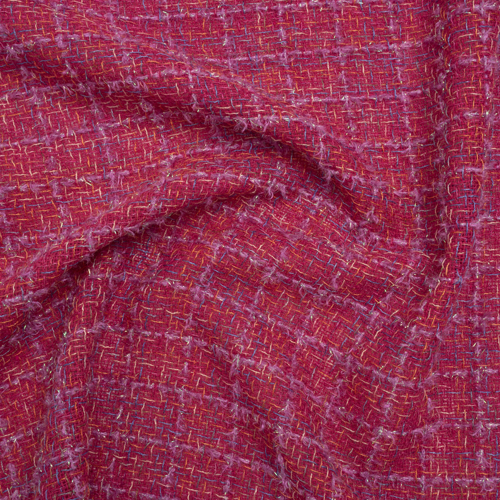Metallic Wool Blend Tweed Woven with Eyelash Fringe Made in Italy - Pink, Orchid and Iridescent Checks - Deadstock