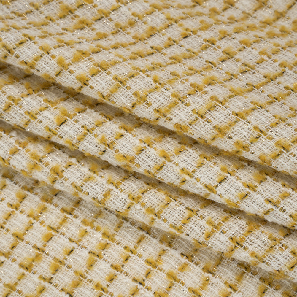 Metallic Wool Blend Tweed Boucle Made in Italy - White, Sunflower Yellow and Gold Checks - Deadstock - Folded