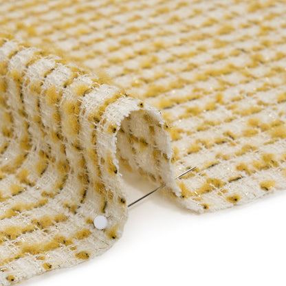 Metallic Wool Blend Tweed Boucle Made in Italy - White, Sunflower Yellow and Gold Checks - Deadstock