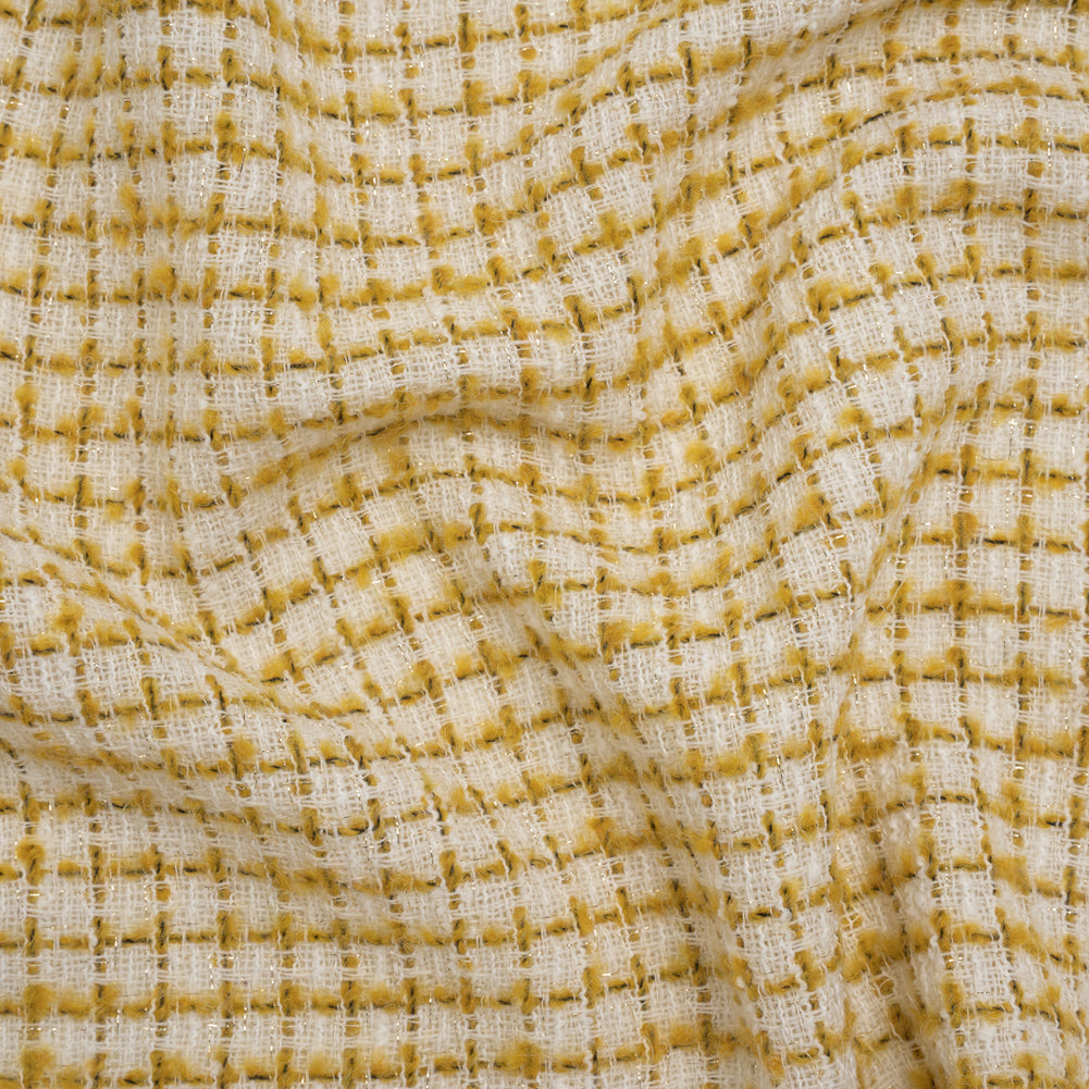 Metallic Wool Blend Tweed Boucle Made in Italy - White, Sunflower Yellow and Gold Checks - Deadstock