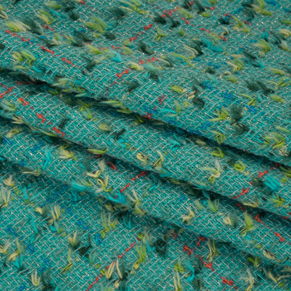 Metallic Wool Blend Tweed with Fringe-Like Inclusions Made in Italy - Teal, Green and Gold Checks - Deadstock - Folded