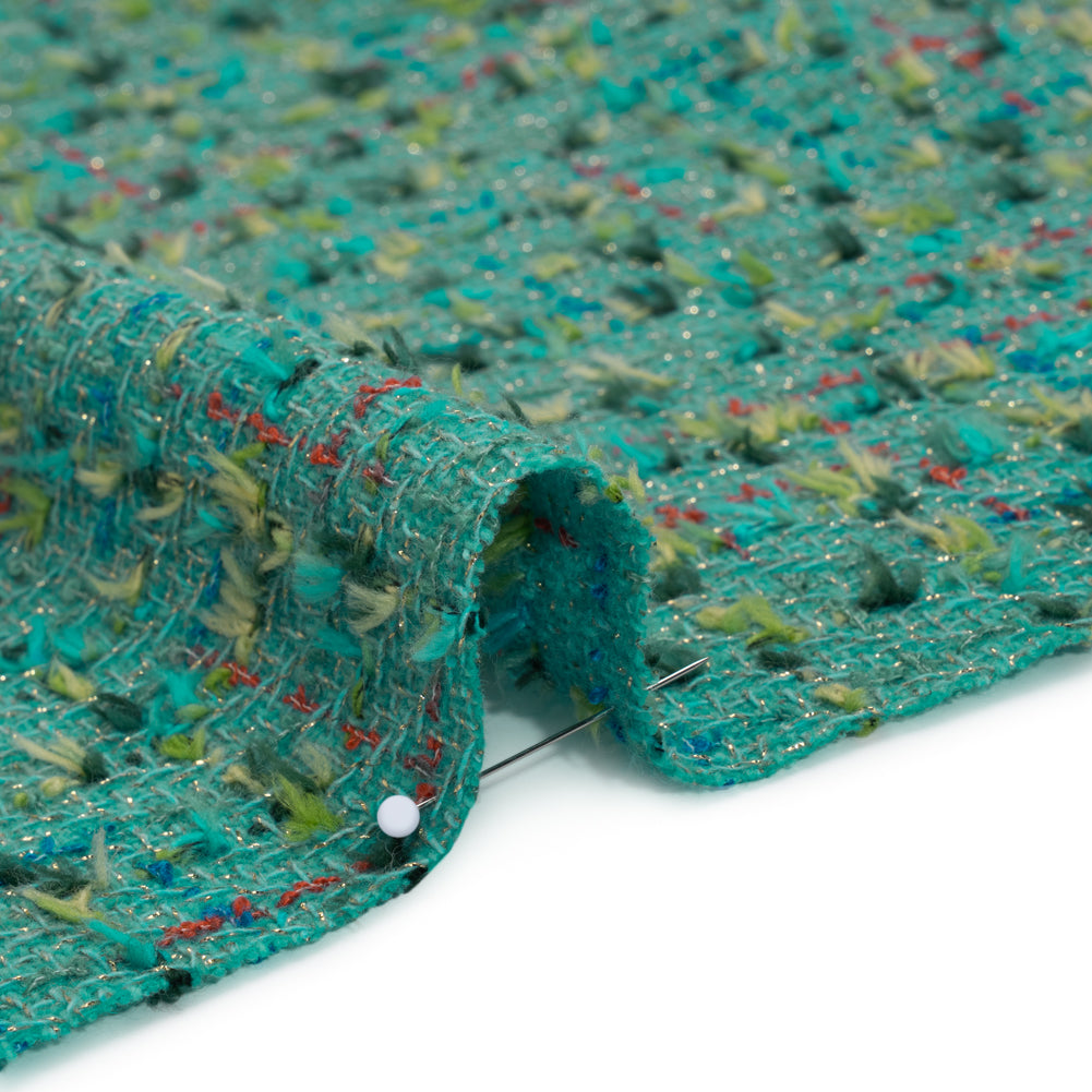 Metallic Wool Blend Tweed with Fringe-Like Inclusions Made in Italy - Teal, Green and Gold Checks - Deadstock - Detail