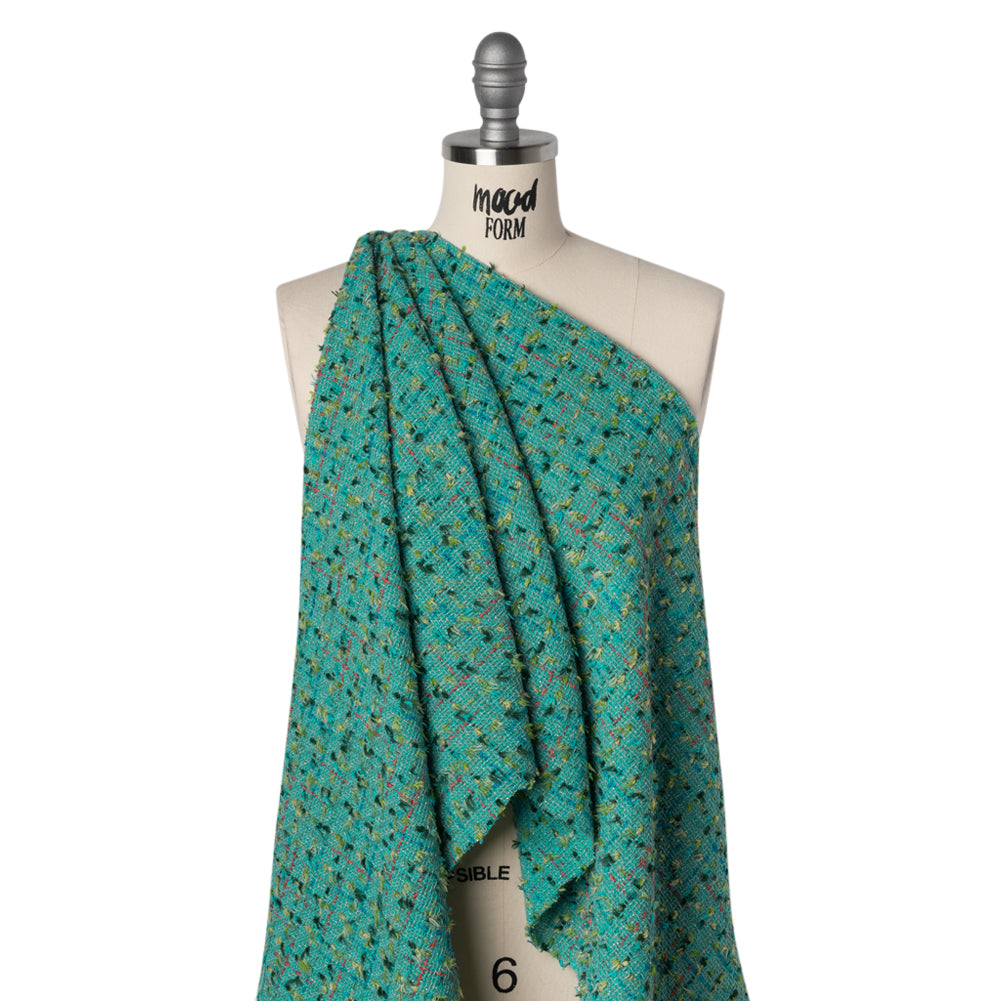 Metallic Wool Blend Tweed with Fringe-Like Inclusions Made in Italy - Teal, Green and Gold Checks - Deadstock - Drape