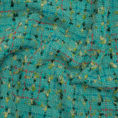 Metallic Wool Blend Tweed with Fringe-Like Inclusions Made in Italy - Teal, Green and Gold Checks - Deadstock