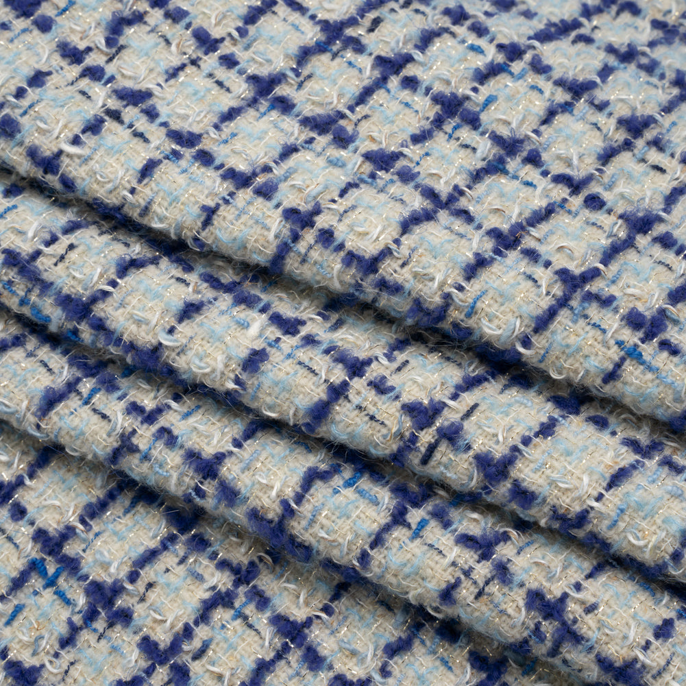 Metallic Wool Blend Tweed Boucle Made in Italy - Pale Gray, Cobalt and Sky Blue Plaid - Deadstock - Folded