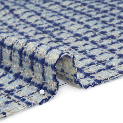 Metallic Wool Blend Tweed Boucle Made in Italy - Pale Gray, Cobalt and Sky Blue Plaid - Deadstock