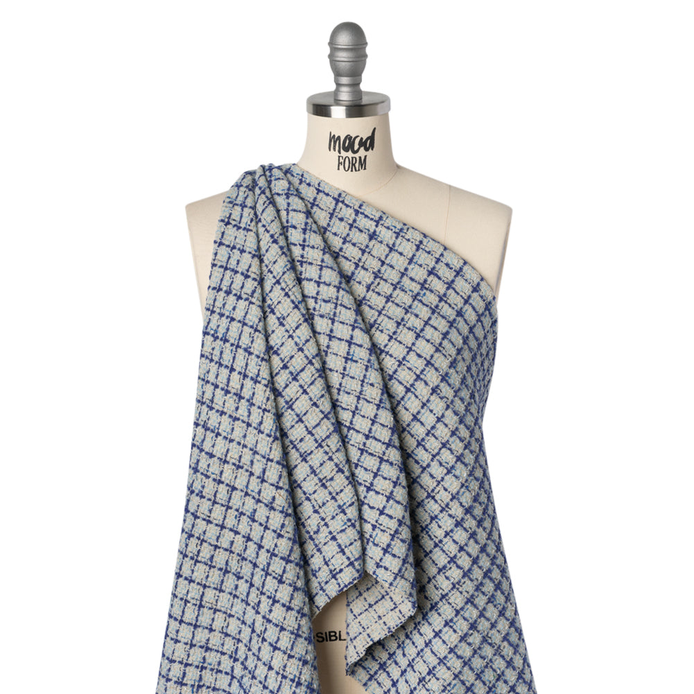 Metallic Wool Blend Tweed Boucle Made in Italy - Pale Gray, Cobalt and Sky Blue Plaid - Deadstock - Drape