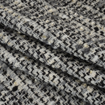 Wool Blend Boucle Tweed with Metallic Eyelash Fringe Made in Italy - Black, White and Gray Plaid - Deadstock