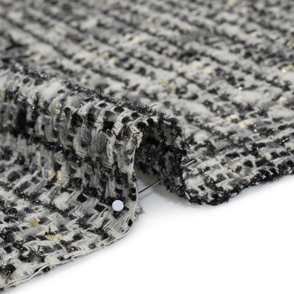 Wool Blend Boucle Tweed with Metallic Eyelash Fringe Made in Italy - Black, White and Gray Plaid - Deadstock
