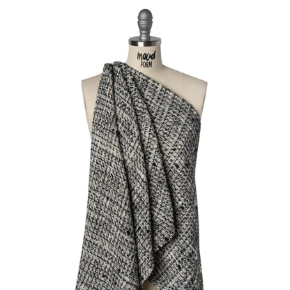 Wool Blend Boucle Tweed with Metallic Eyelash Fringe Made in Italy - Black, White and Gray Plaid - Deadstock