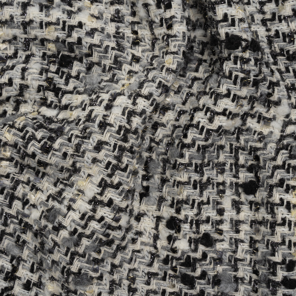 Wool Blend Boucle Tweed with Metallic Eyelash Fringe Made in Italy - Black, White and Gray Plaid - Deadstock