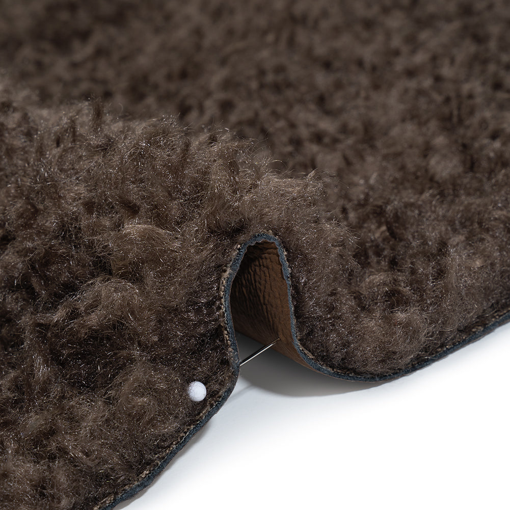 Recycled Polyester Faux Shearling with Antiqued Leather Backing - Dark Brown Detail