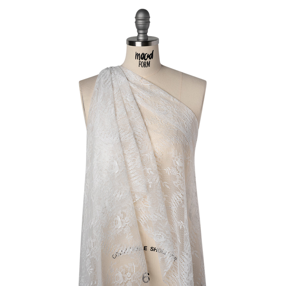 Luminous Re-Embroidered Lace with Finished Scalloped Edges and Eyelash Fringe - Bright White Floral Scallops - Drape