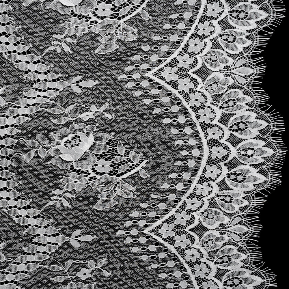Luminous Re-Embroidered Lace with Finished Scalloped Edges and Eyelash Fringe - Bright White Floral Scallops
