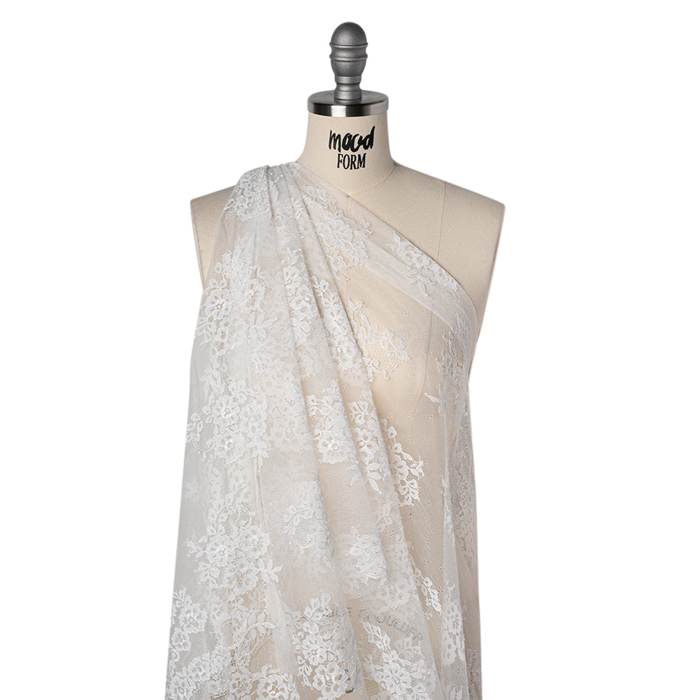Re-Embroidered Lace with Scalloped Borders - White Fancy Flowers - Drape