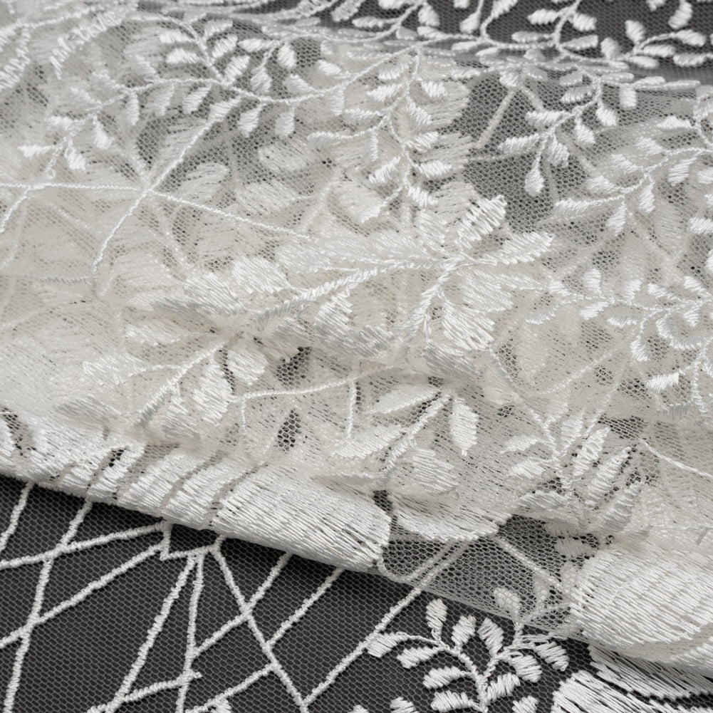 Embroidered Lace Tulle with Finished Scalloped Edges - Off White Fern Leaves, Plants and Spider Webs - Folded