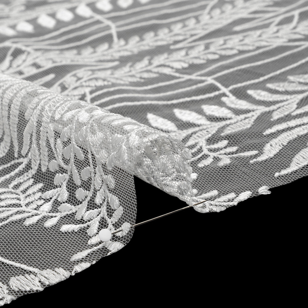 Embroidered Lace Tulle with Finished Scalloped Edges - Off White Fern Leaves, Plants and Spider Webs - Detail