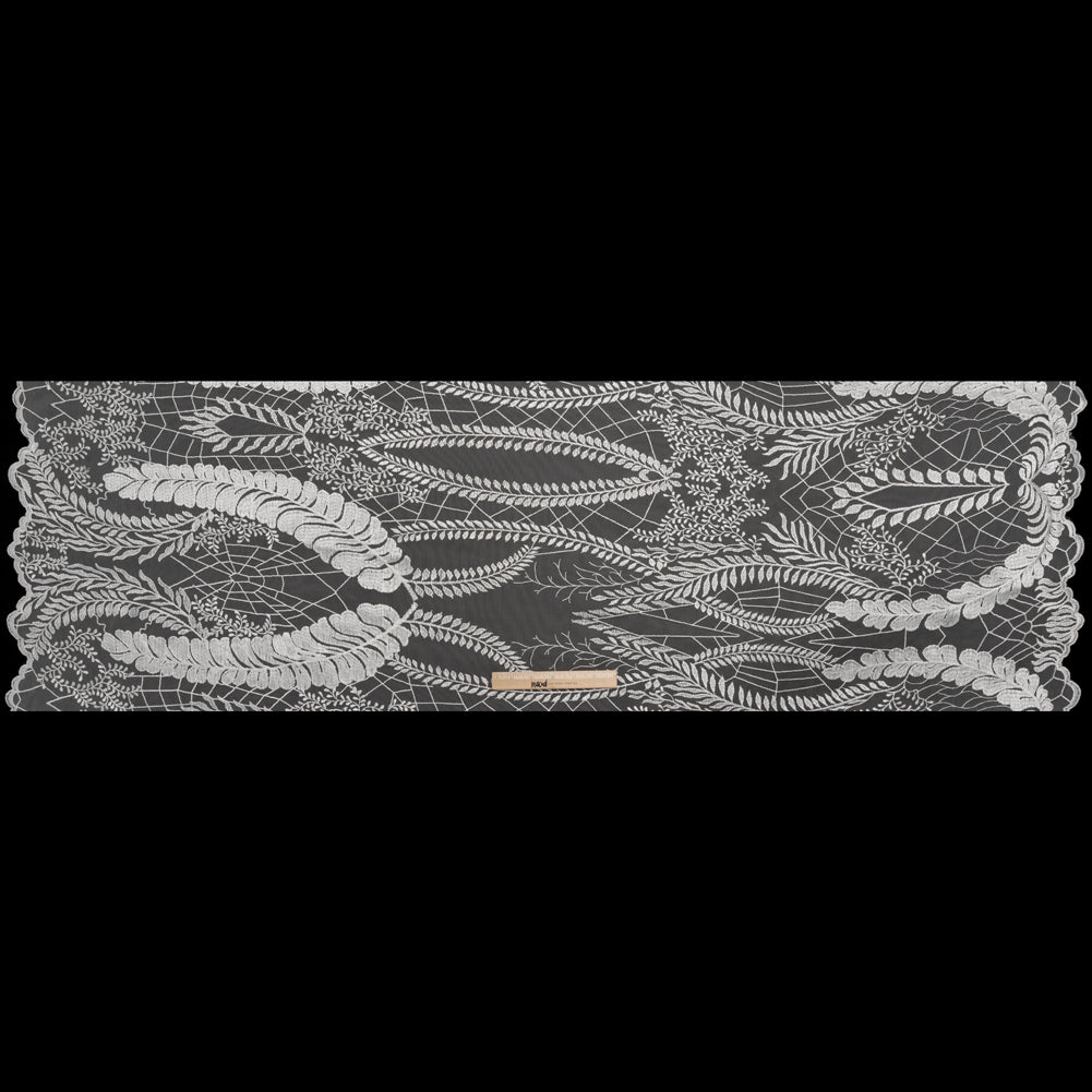 Embroidered Lace Tulle with Finished Scalloped Edges - Off White Fern Leaves, Plants and Spider Webs - Full