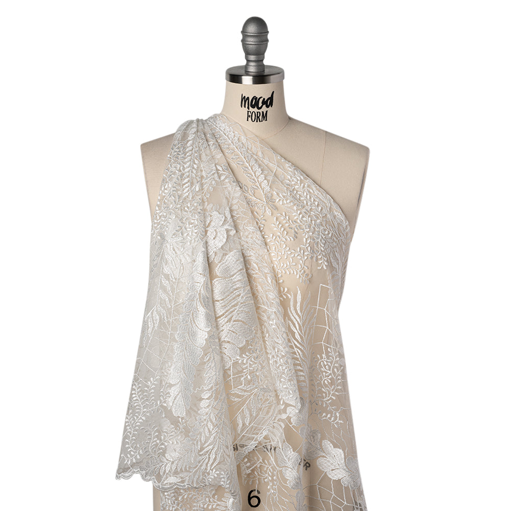 Embroidered Lace Tulle with Finished Scalloped Edges - Off White Fern Leaves, Plants and Spider Webs - Drape