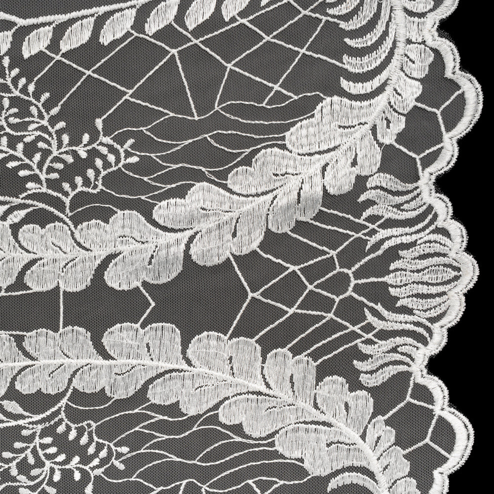 Embroidered Lace Tulle with Finished Scalloped Edges - Off White Fern Leaves, Plants and Spider Webs