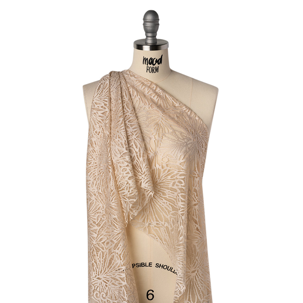Raschel Lace with Scalloped Finished Edges - Bleached Sand Flowing Petals - Drape