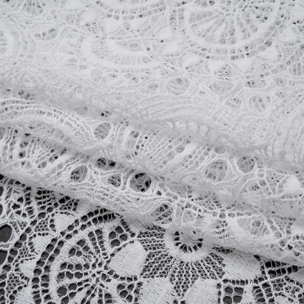 Cotton and Nylon Crochet Lace with Scalloped Border - White Boho Flowers - Folded