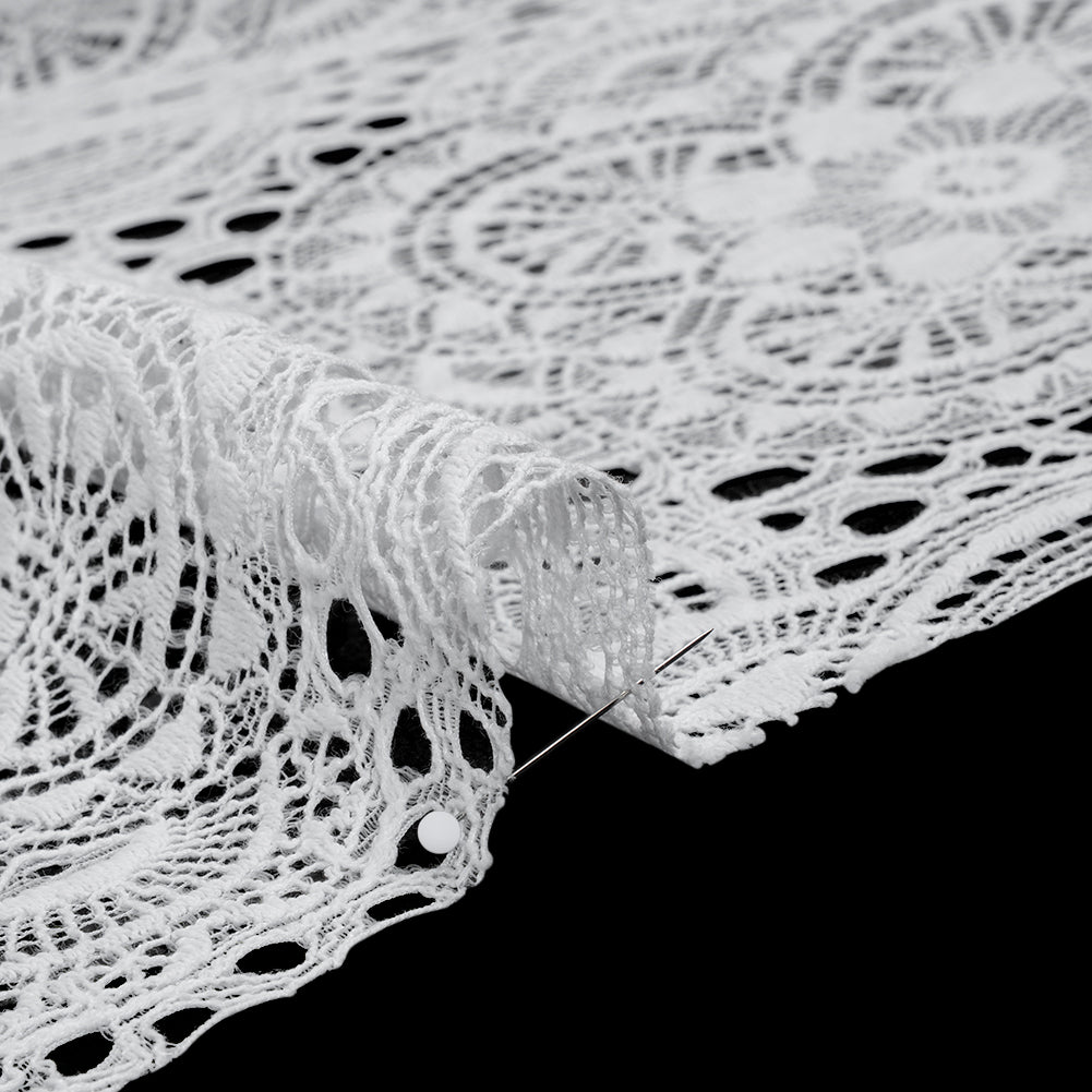 Cotton and Nylon Crochet Lace with Scalloped Border - White Boho Flowers - Detail