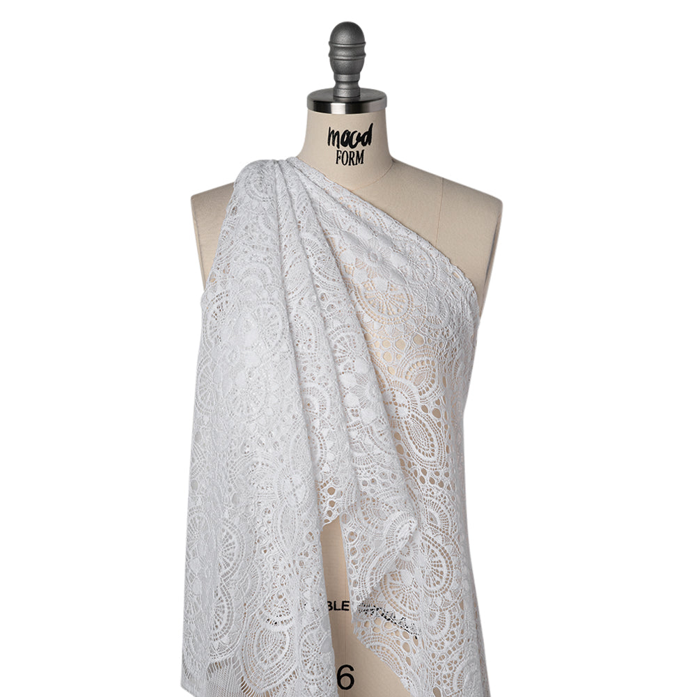 Cotton and Nylon Crochet Lace with Scalloped Border - White Boho Flowers - Drape
