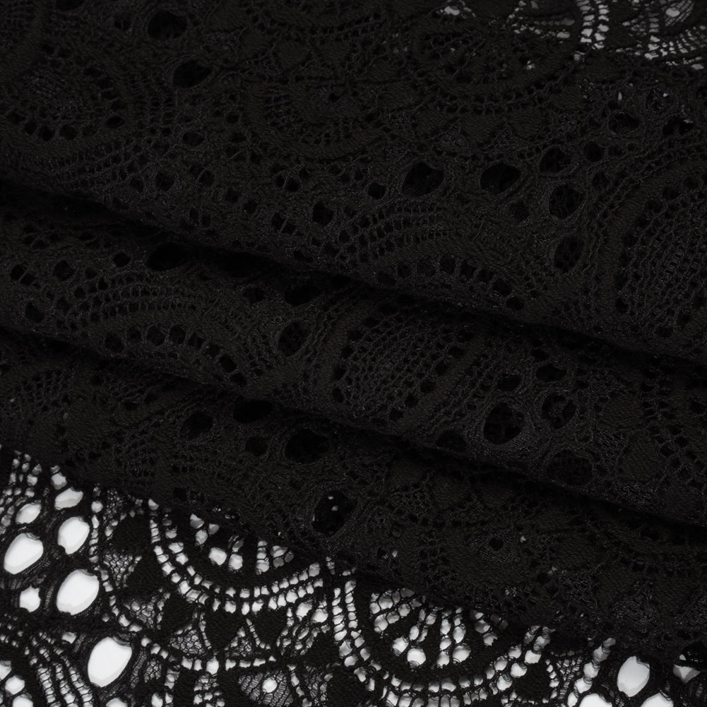 Cotton and Nylon Crochet Lace with Scalloped Border - Black Boho Flowers - Folded