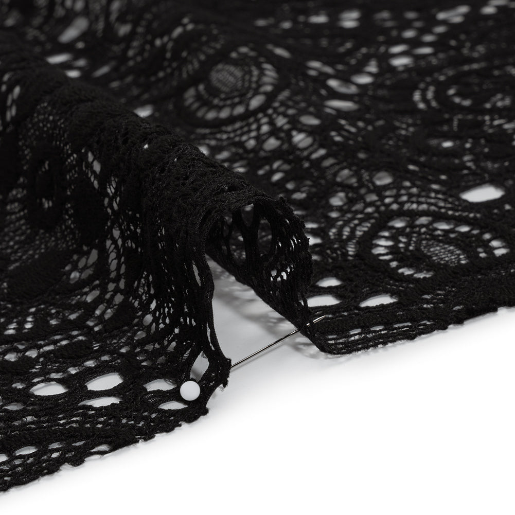 Cotton and Nylon Crochet Lace with Scalloped Border - Black Boho Flowers - Detail