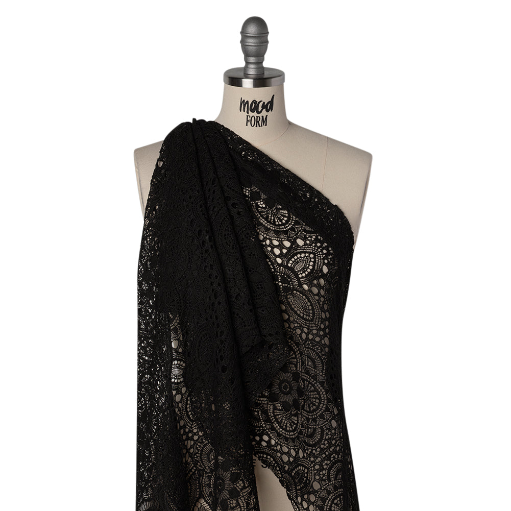 Cotton and Nylon Crochet Lace with Scalloped Border - Black Boho Flowers - Drape