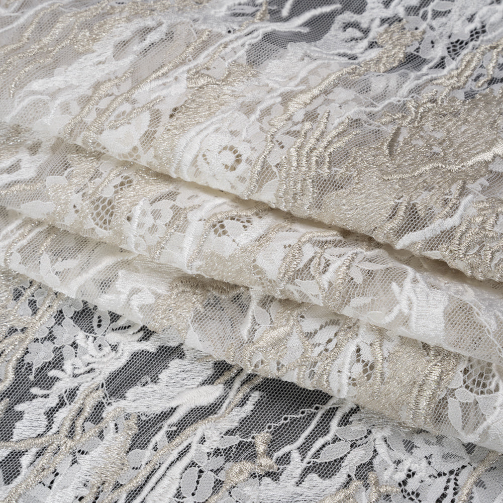 Metallic Embroidered Raschel Lace - Off White and Silver Floral and Waves with Scalloped Border - Folded