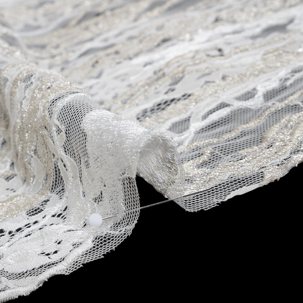 Metallic Embroidered Raschel Lace - Off White and Silver Floral and Waves with Scalloped Border - Detail