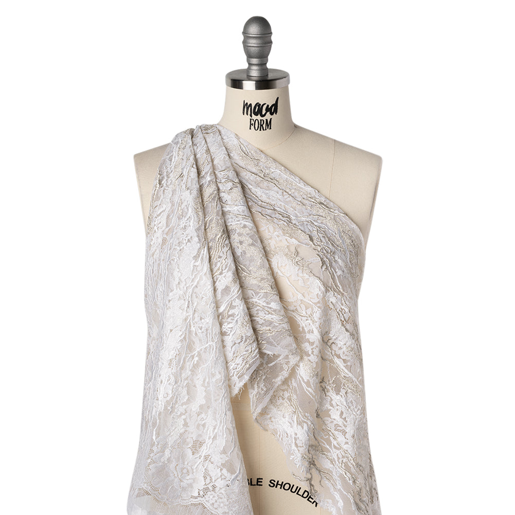 Metallic Embroidered Raschel Lace - Off White and Silver Floral and Waves with Scalloped Border - Drape
