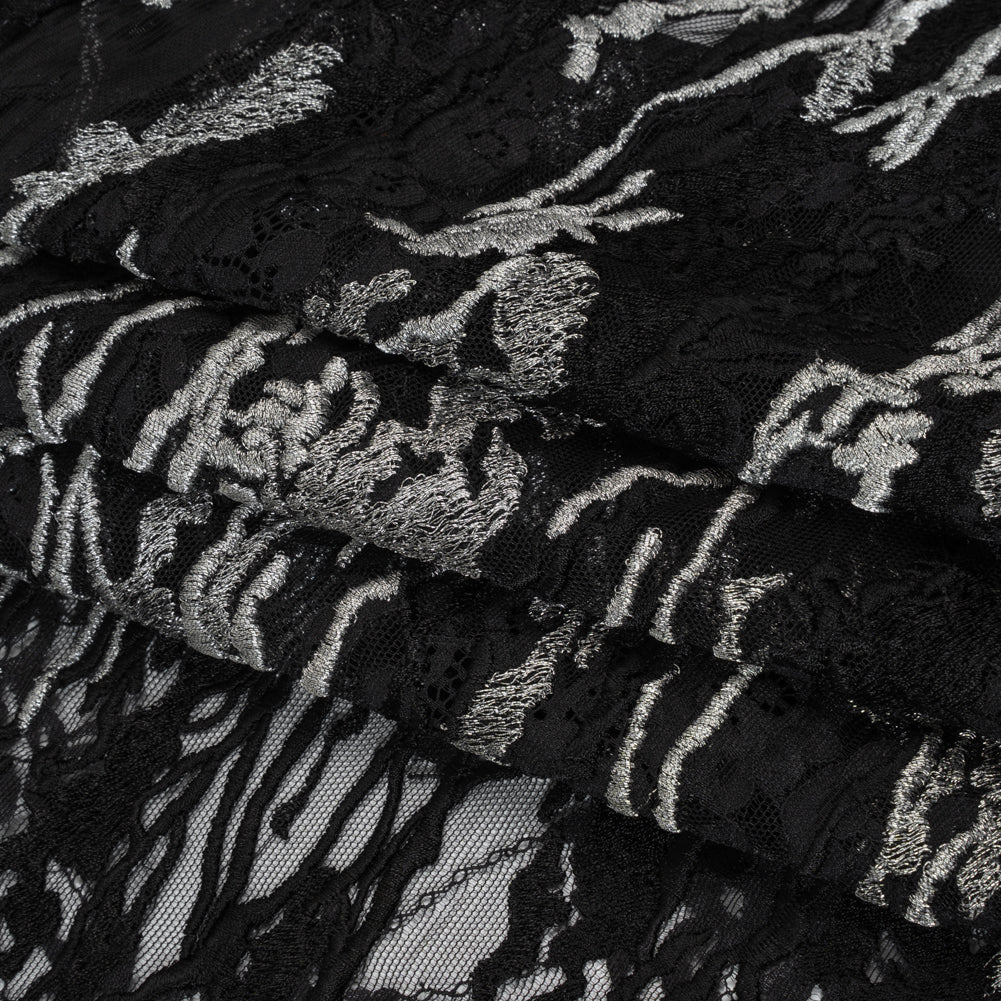Metallic Embroidered Raschel Lace - Black and Silver Floral and Waves with Scalloped Border - Folded