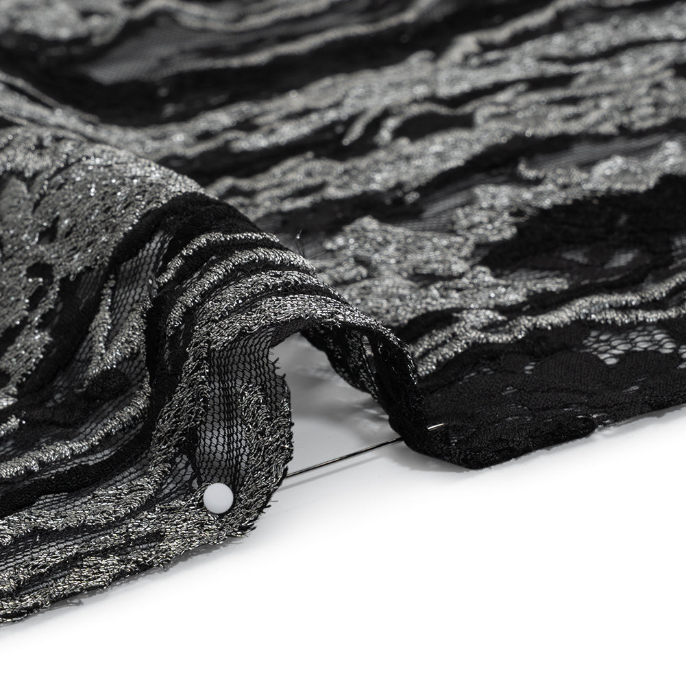 Metallic Embroidered Raschel Lace - Black and Silver Floral and Waves with Scalloped Border - Detail