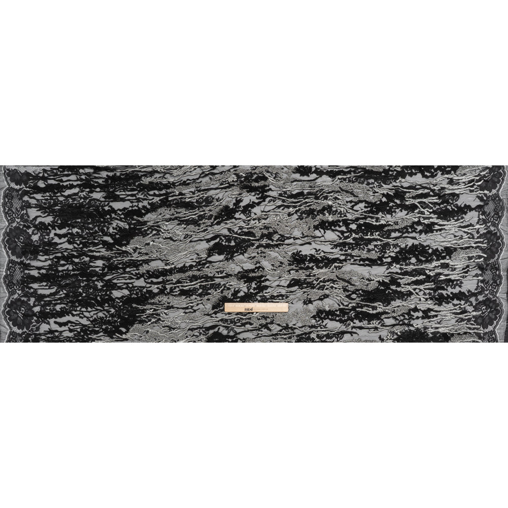 Metallic Embroidered Raschel Lace - Black and Silver Floral and Waves with Scalloped Border - Full