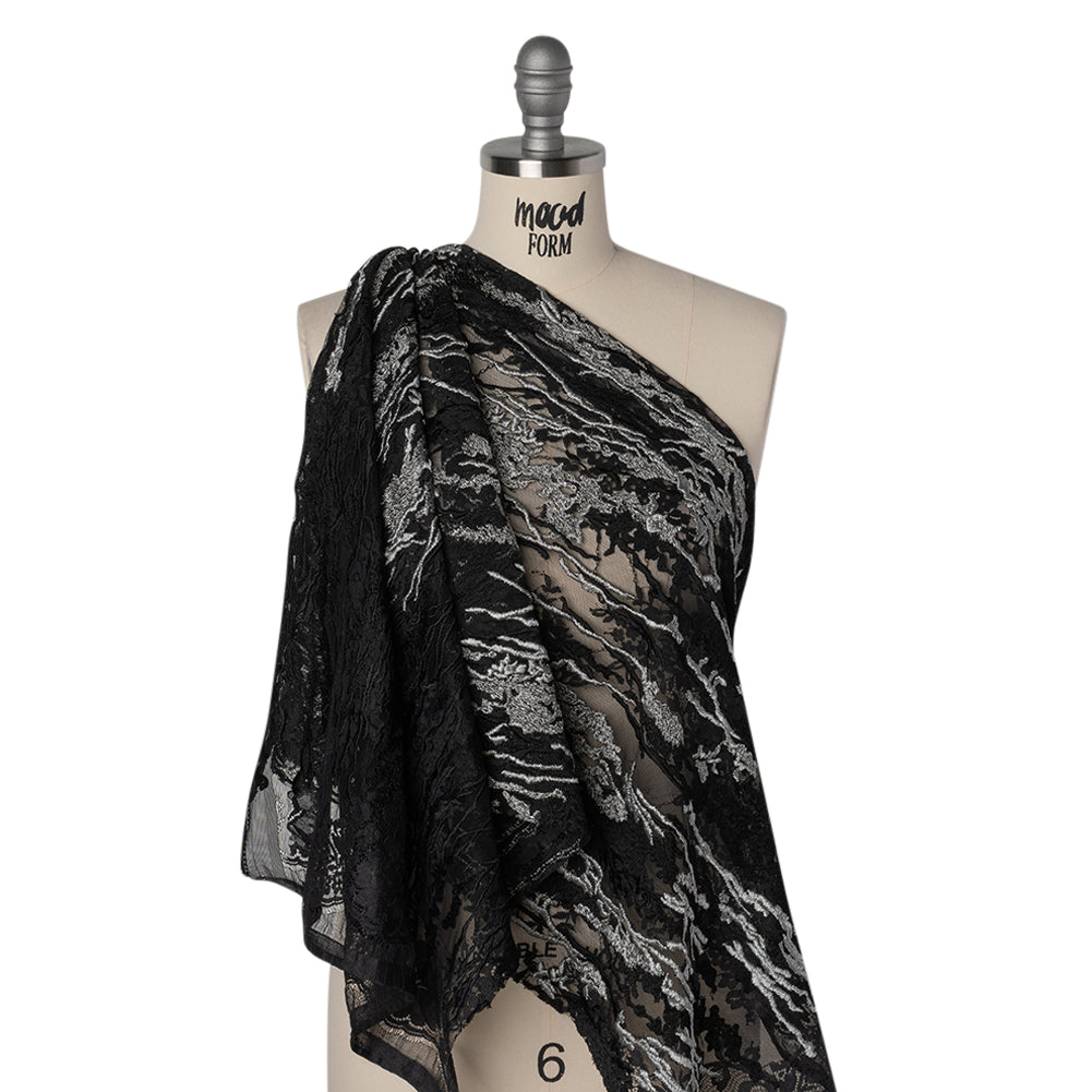 Metallic Embroidered Raschel Lace - Black and Silver Floral and Waves with Scalloped Border - Drape
