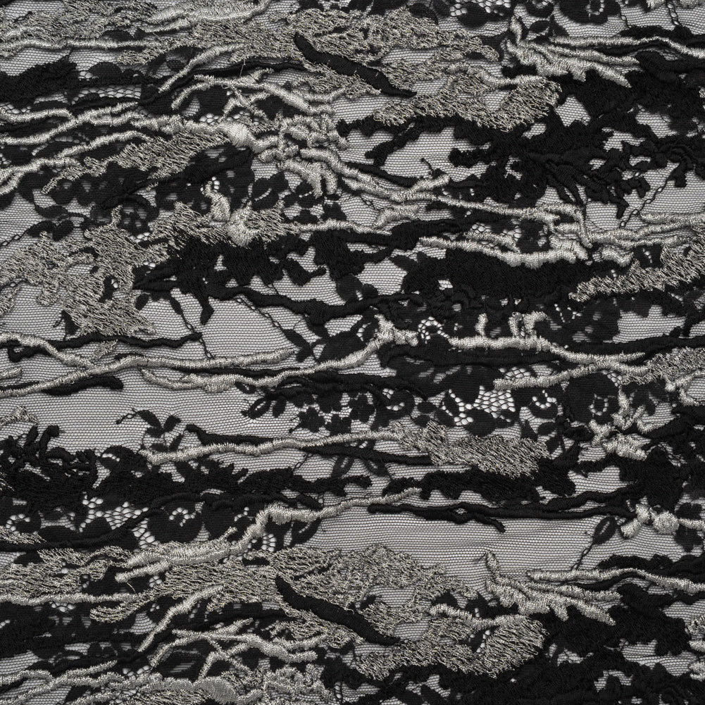 Metallic Embroidered Raschel Lace - Black and Silver Floral and Waves with Scalloped Border