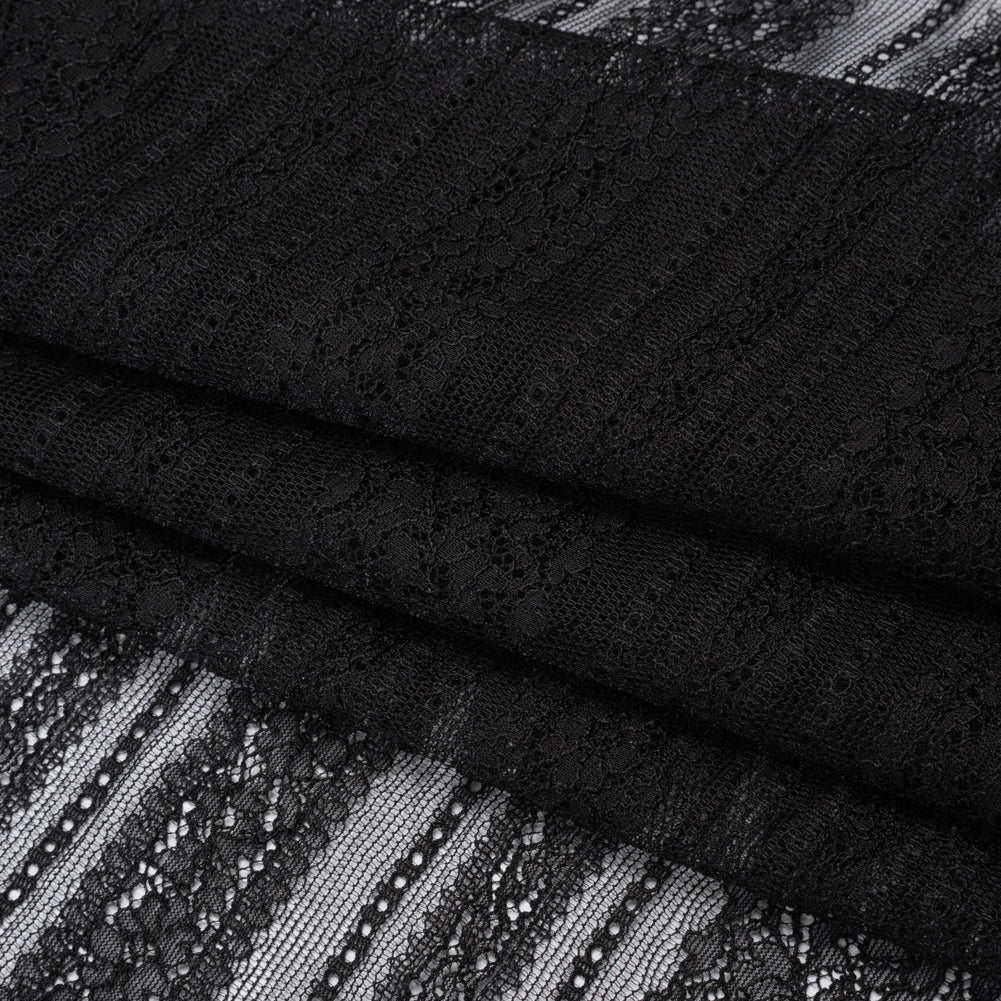 Re-Embroidered Nylon Lace - Black Floral Stripes - Folded