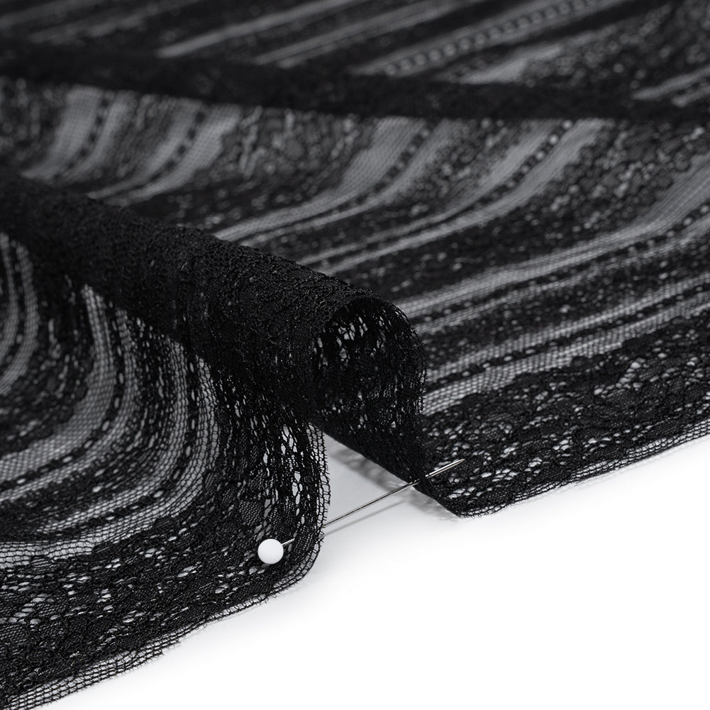 Re-Embroidered Nylon Lace - Black Floral Stripes - Detail