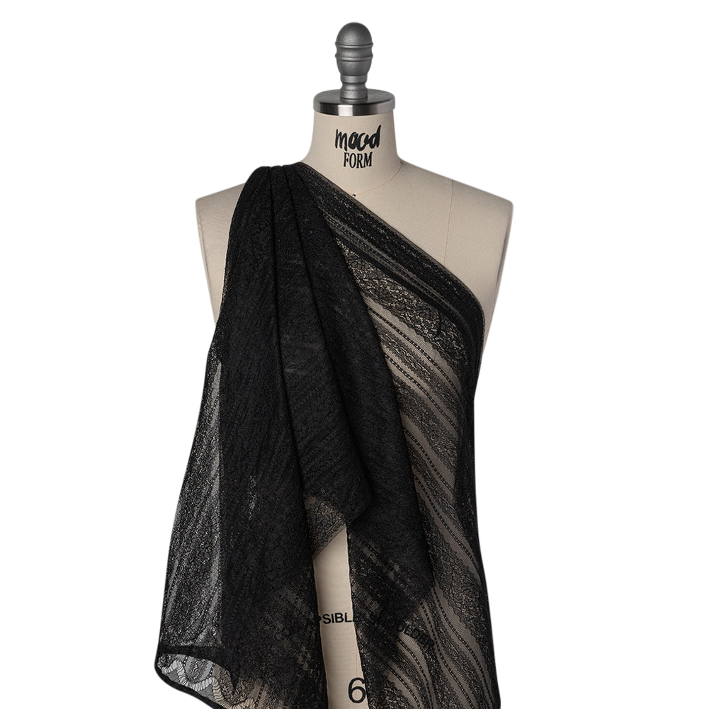 Re-Embroidered Nylon Lace - Black Floral Stripes - Drape