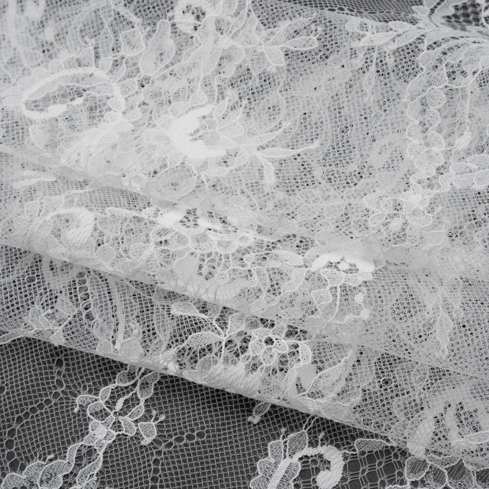 Nylon Re-Embroidered Lace - White Paisley Floral Swirl with Scalloped Borders - Folded